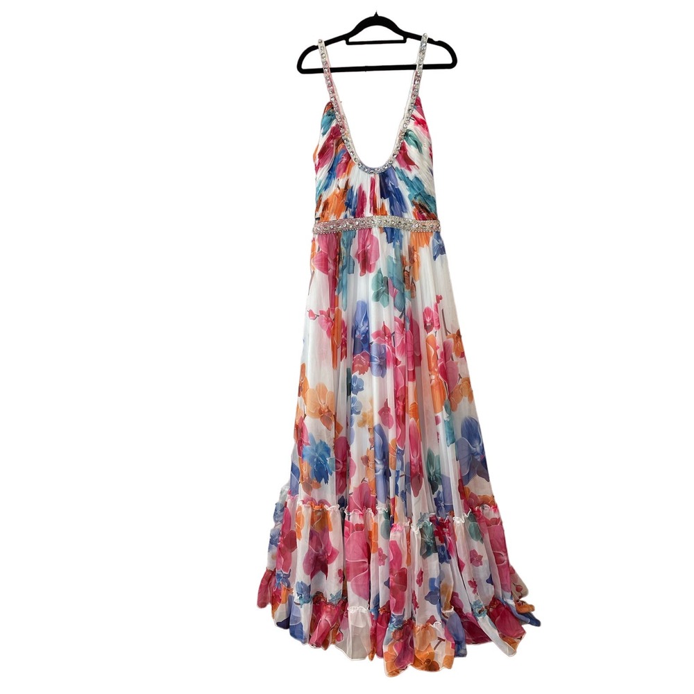 NWT | Mac Duggal / Plunge Neck Floral A Line Gown / Flirty Floral Formal Dress - Picture 4 of 6